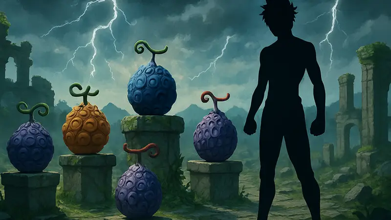 Иллюстрация Дьявольских фруктов из One Piece, намекающая на их невероятную силу.