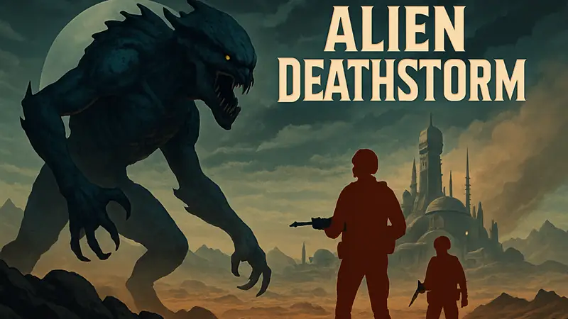 Логотип Alien Deathstorm с изображением монстра и космической колонии на заднем плане