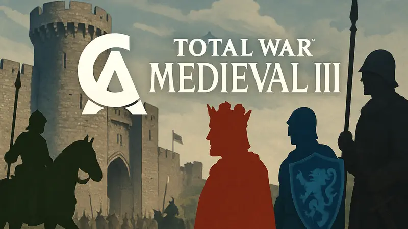 Логотип Creative Assembly и элементы Total War: Medieval 3, средневековые фракции.
