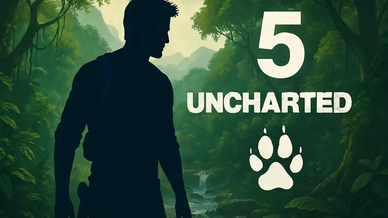 Натан Дрейк из Uncharted на фоне джунглей, логотип Uncharted 5, Naughty Dog