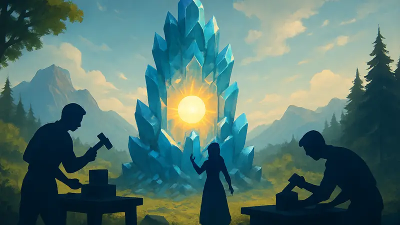 Загадочная кристаллическая башня из игры Lucid Blocks с сияющим солнцем внутри, крафтинг