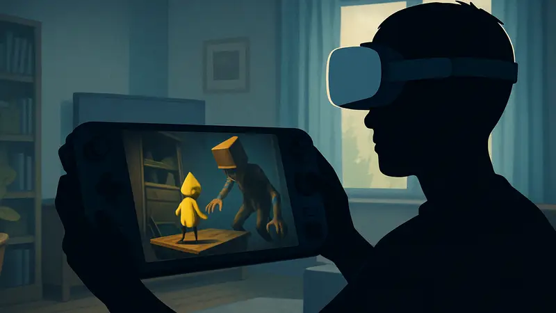 Человек играет в VR-очки со Steam Deck, на экране видна игра Little Nightmares VR.
