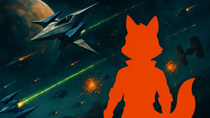 Изображение главного героя Star Fox — Фокса МакКлауда, на фоне космического сражения