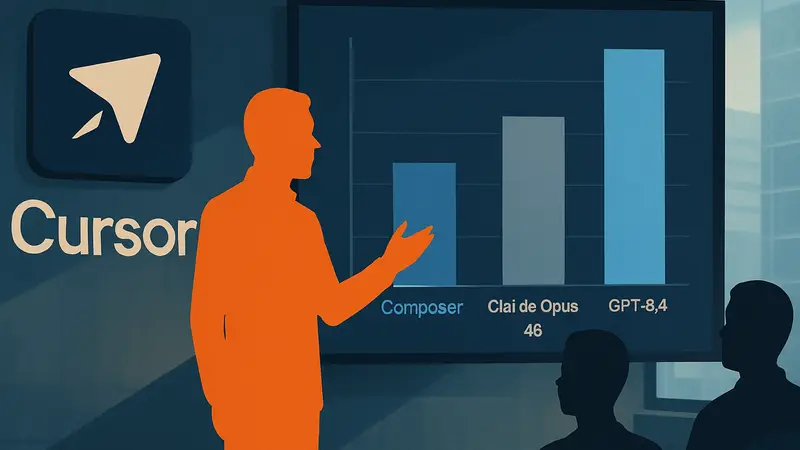 Логотип Cursor и диаграмма сравнения производительности ИИ моделей Composer 2, Claude Opus 4.6 и GPT-5.4.