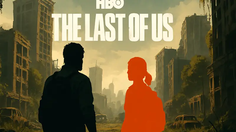 Логотип сериала The Last of Us от HBO, на фоне разрушенного города или актёры
