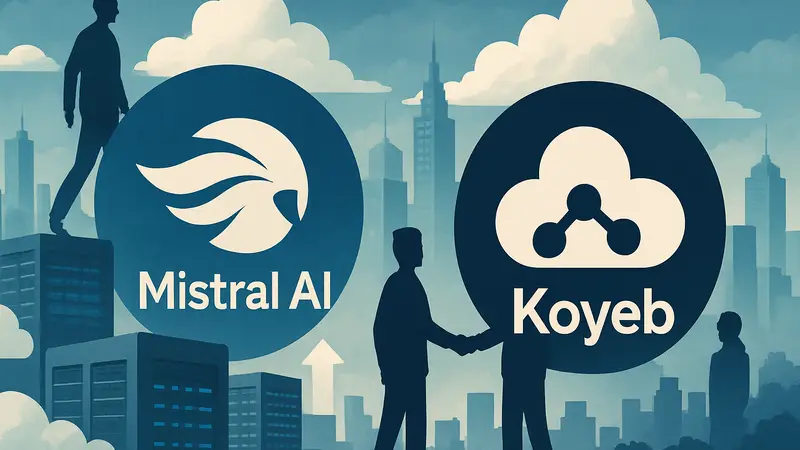 Логотипы компаний Mistral AI и Koyeb, символизирующие их поглощение и развитие облачных технологий.