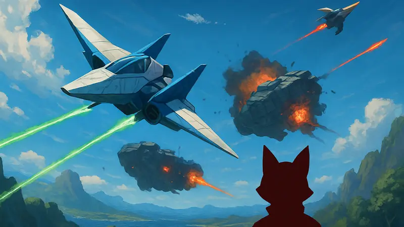 Скриншот из игры Wild Blue Skies с космическими кораблями в бою, напоминающий Star Fox.