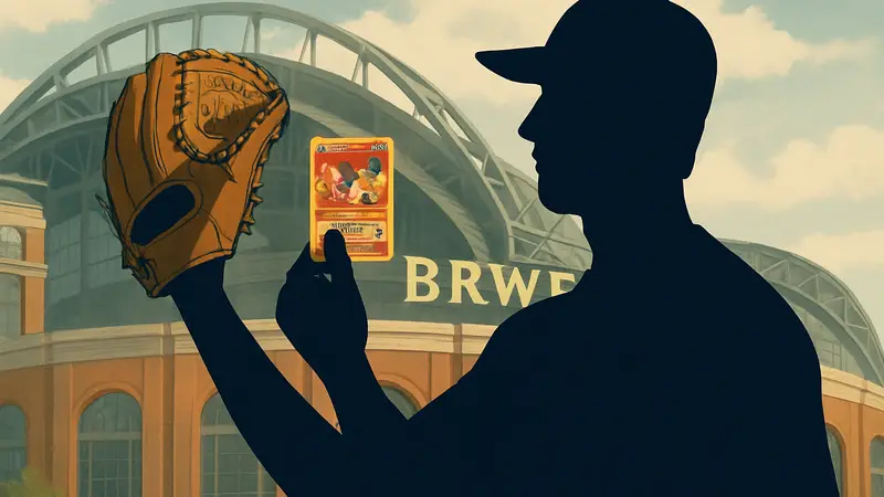 Якоб Мисиоровски, питчер Milwaukee Brewers, с бейсбольной перчаткой и карточкой Чаризарда.