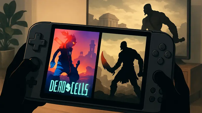 Портативная консоль Anbernic RG Rotate, на экране которой запущены игры Dead Cells и God of War.