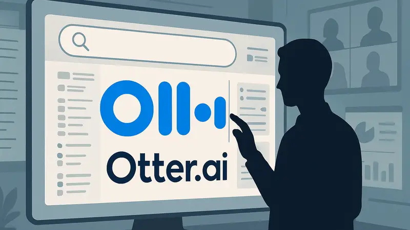 Логотип Otter.ai на фоне интерфейса поиска корпоративных данных