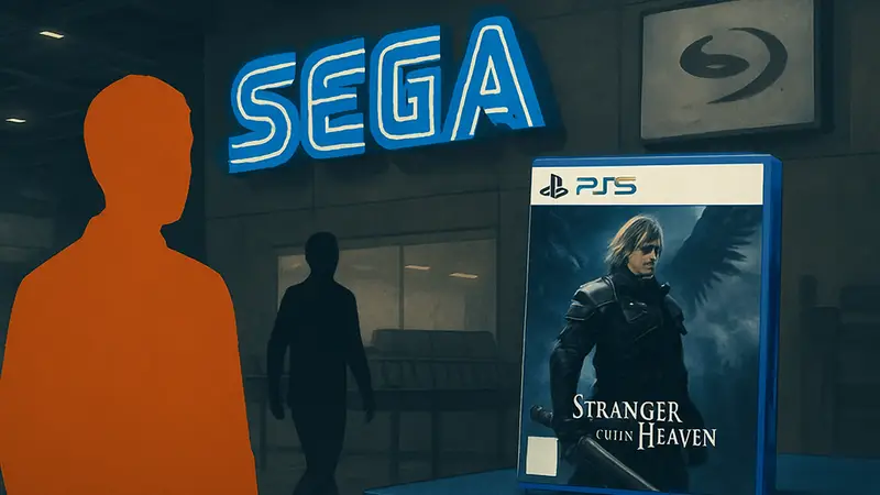 Логотип Sega и физическое издание игры Stranger Than Heaven на фоне отказа Sony от дисков.