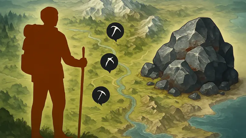 Карта Windrose с отмеченными локациями для добычи железной руды и крупным планом руды