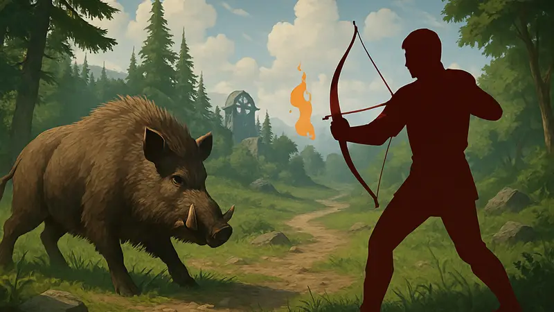 Кабан в игре Windrose, иллюстрация процесса охоты для добычи лампового масла