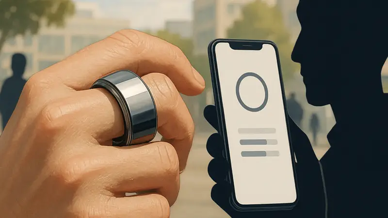 Крупный план умного кольца Oura Ring 4 на пальце, рядом смартфон.