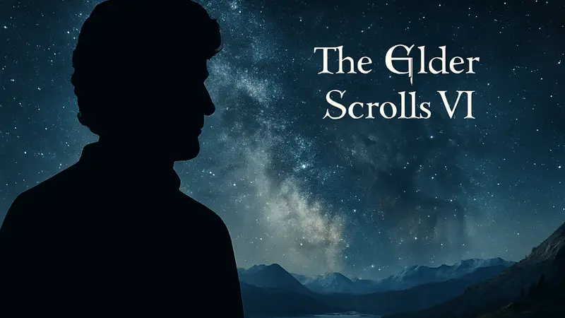 Тодд Говард с логотипом The Elder Scrolls 6 на фоне звездного неба.