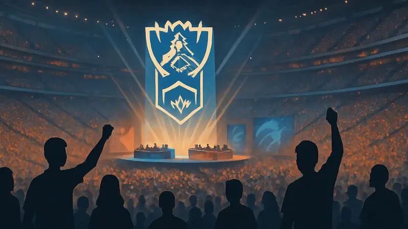 Стадион, заполненный фанатами League of Legends Worlds, с символикой турнира.