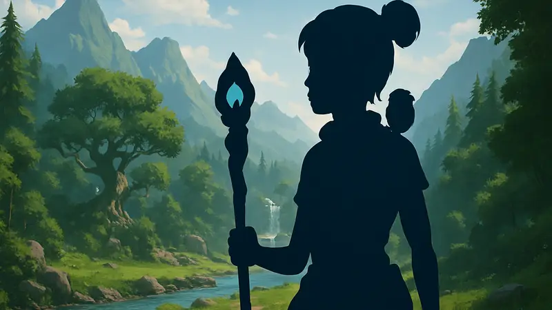 Главная героиня Кена из игры Kena: Bridge of Spirits на фоне пейзажей