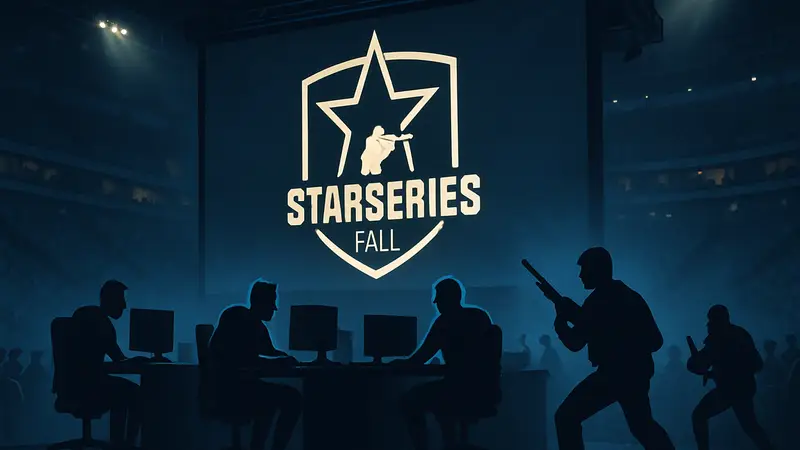 Логотип турнира StarSeries Fall на киберспортивной арене с игроками Counter-Strike.