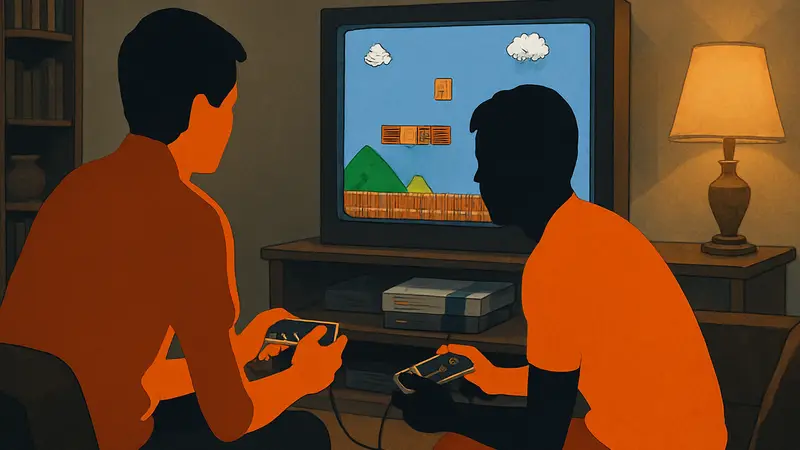 Два друга играют в кооператив на консоли NES с джойстиками, сидя на диване.