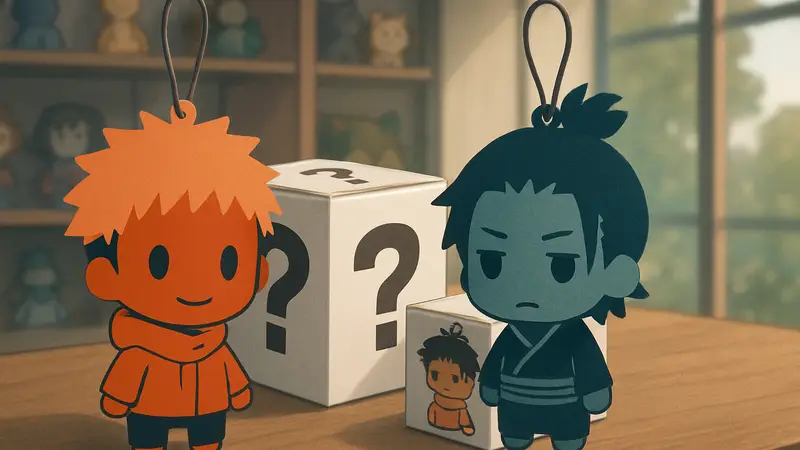 Иллюстрация плюшевых подвесок Jujutsu Kaisen с персонажами Юджи и Чосо в стиле чиби, продающихся в слепых коробках.