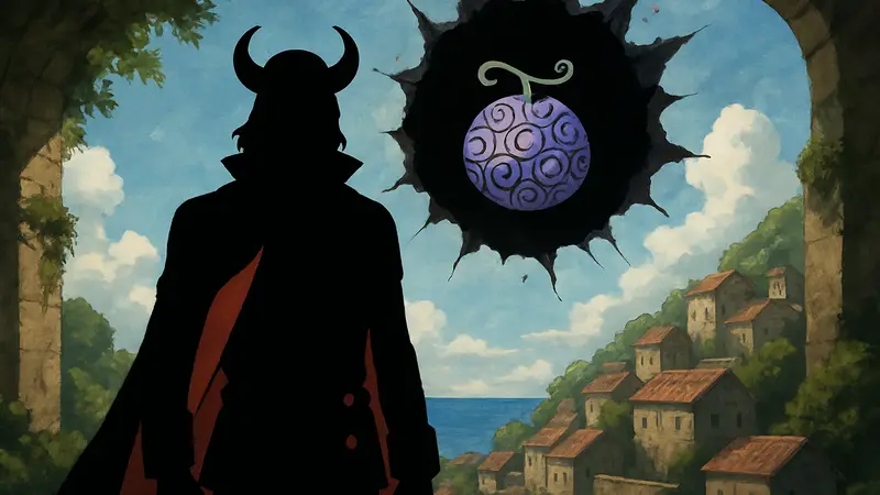 Персонаж Локи из One Piece на фоне символа Дьявольского фрукта, подчеркивающего сюжетную дыру.