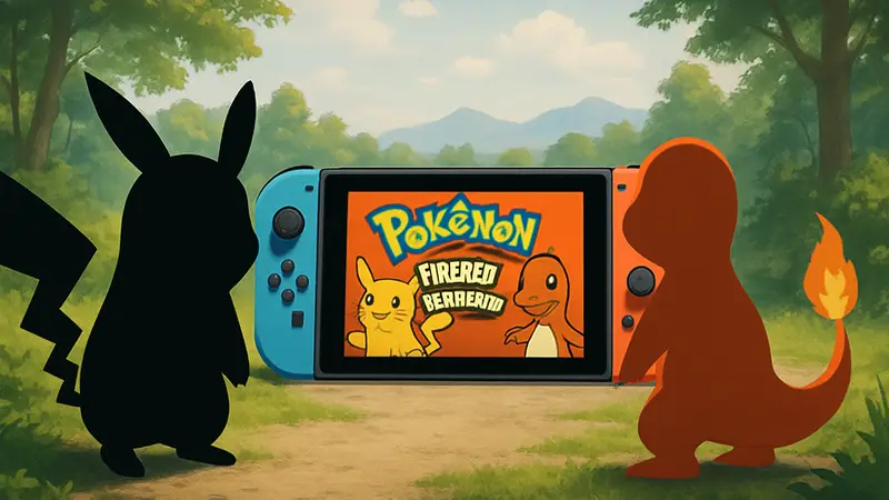 Покемоны Пикачу и Чармандер, логотип Pokemon FireRed и LeafGreen на Nintendo Switch