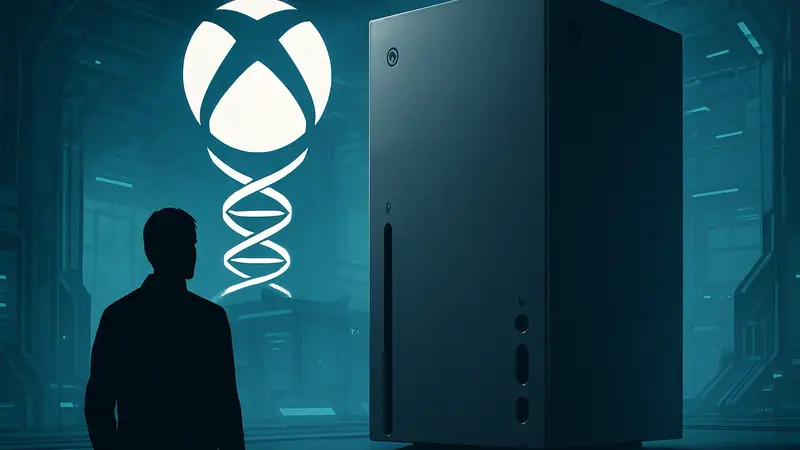 Изображение логотипа Xbox Project Helix на фоне футуристической консоли Microsoft