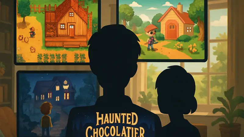 Обложки и скриншоты уютных игр, таких как Stardew Valley и Animal Crossing, рядом с логотипом Haunted Chocolatier