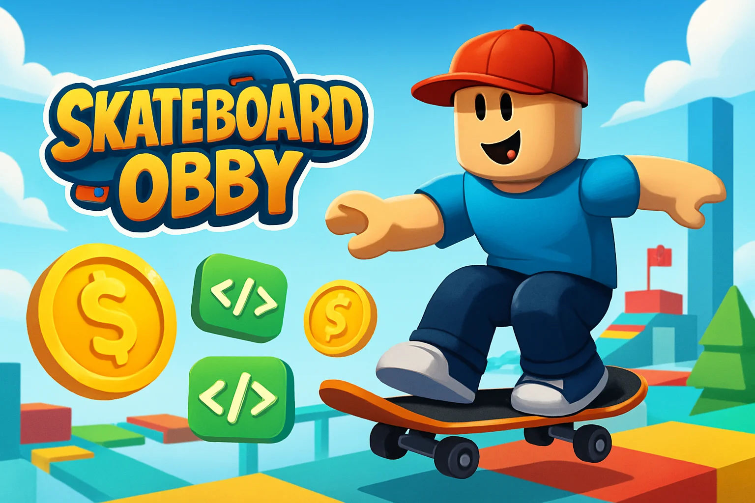 Изображение игрового процесса или логотипа Skateboard Obby с символами кодов для бесплатной валюты.