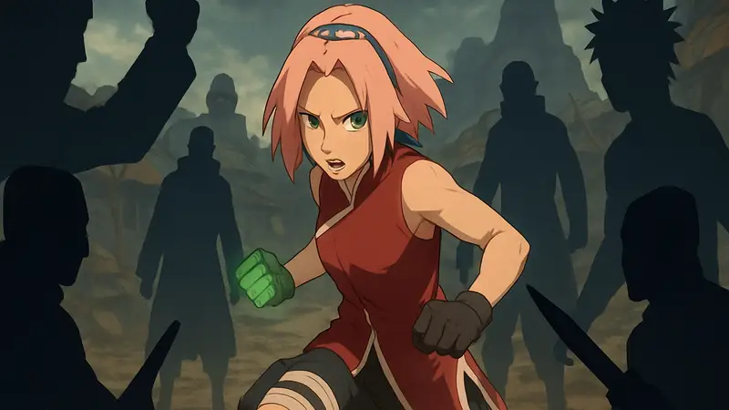 Сакура Харуно из Наруто в бою, окруженная сильными противниками-ниндзя.