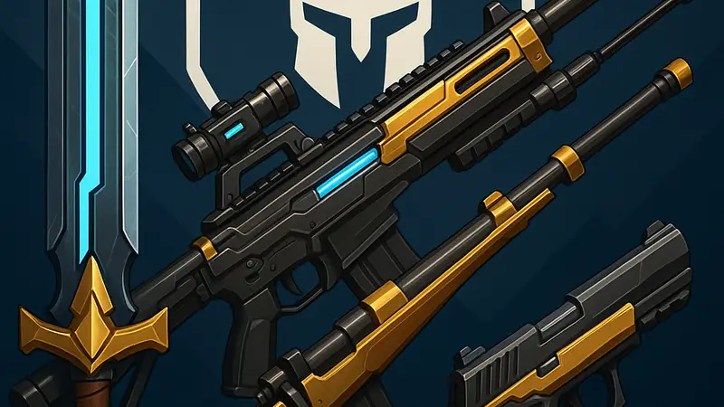 Стилизованный арсенал оружия из игры Highguard, демонстрирующий различные виды вооружения.