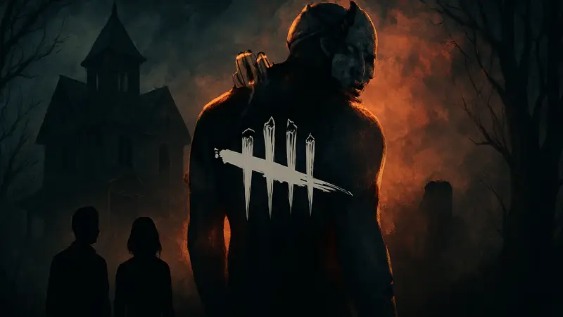 Логотип Dead by Daylight на фоне постера фильма ужасов Blumhouse.