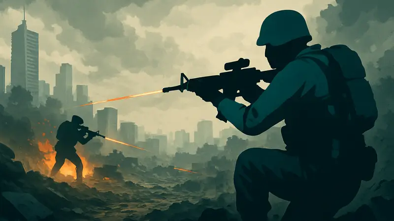 Игровой скриншот перестрелки на дальней дистанции из Battlefield 6 с эффектами выстрелов.