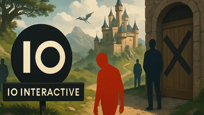 Логотип IO Interactive на фоне схематичного изображения Project Fantasy, с намёком на закрытие студии.