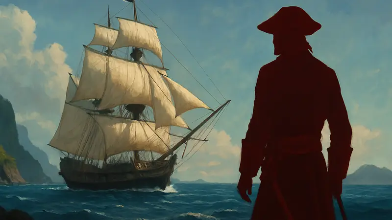 Пиратский корабль под парусами в открытом море, арт Caribbean Legend