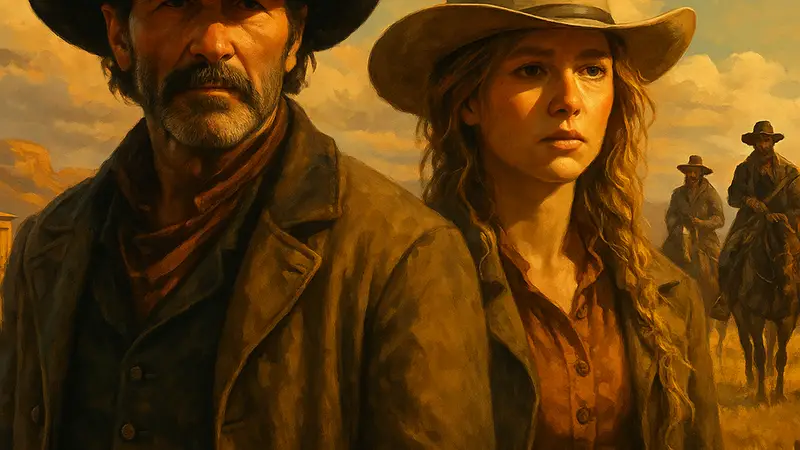 Кадр из вестерн-сериала "1883" с главными героями на фоне Дикого Запада и ковбоев.