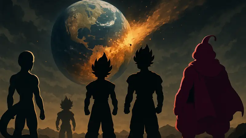 Персонажи Dragon Ball, включая Фризу, Сайянов и Маджина Буу, на фоне разрушаемой Земли.