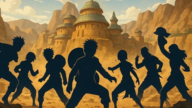 Изображение 7 сильнейших шиноби Сунагакуре из аниме Наруто, сражающихся на фоне песчаной деревни.