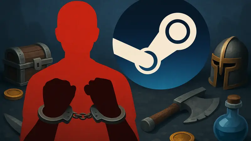 Изображение наручников на фоне логотипа Steam и игровых предметов, мошенничество Steam