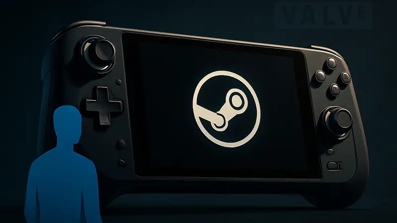 Игровой портативный ПК Steam Deck OLED с логотипом Valve на темном фоне.