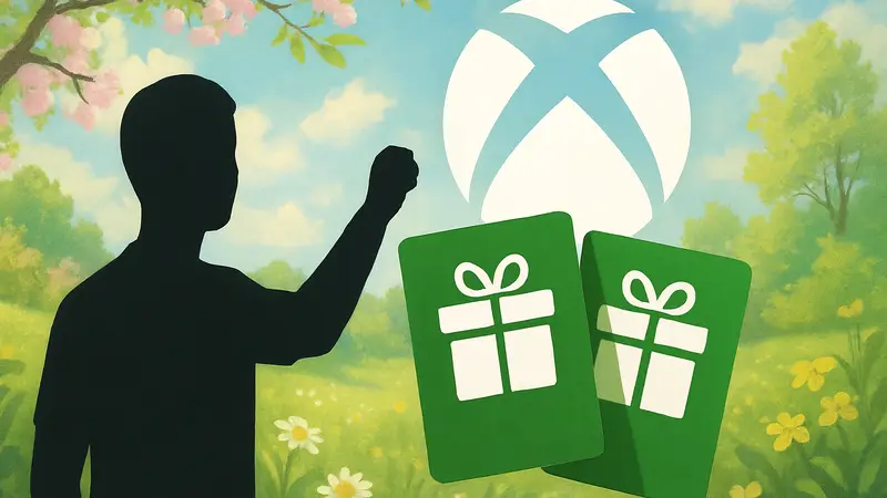 Логотип Xbox и подарочные карты на весеннем фоне