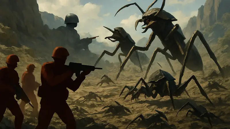 Скриншот из игры Starship Troopers Ultimate Bug War с солдатами и жуками