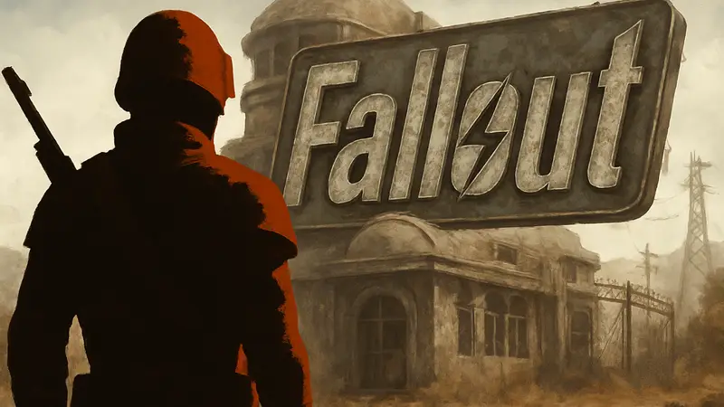 Изображение Курьера 6 из Fallout: New Vegas на фоне логотипа сериала Fallout, символизирующее забытие персонажа.