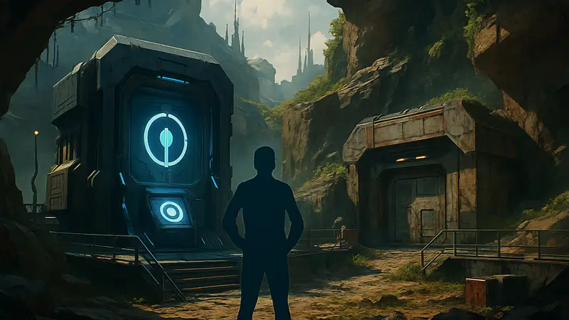 Игровой скриншот Marathon: вид на локацию с анализатором биообразцов или бункером DCON.