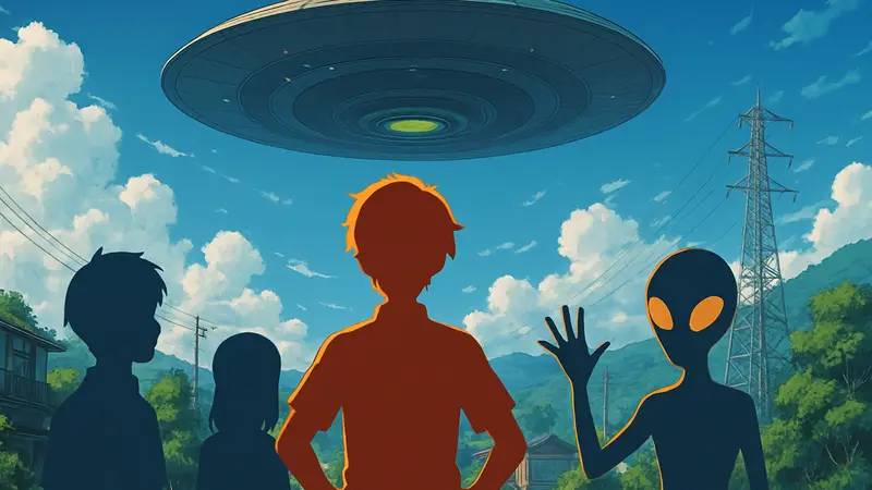 Постер аниме-фильма 'Wareware wa Uchuujin' с главными героями, инопланетянами.