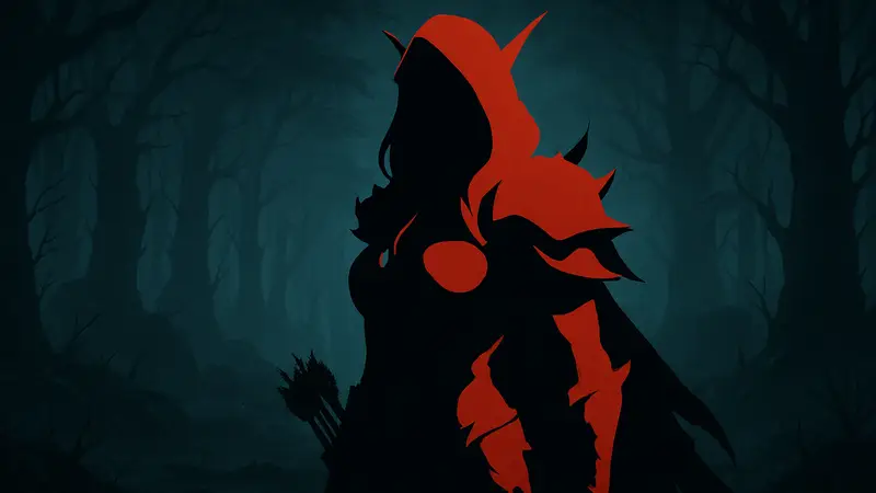 Сильвана Ветрокрылая из World of Warcraft на фоне тёмного леса в дополнении Midnight