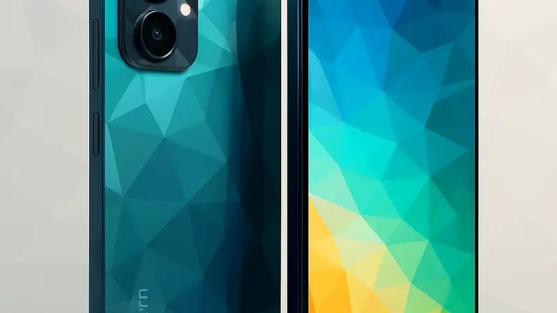 Изображение смартфона Redmi Turbo 5 с фронтальной и задней стороны, демонстрирующее стеклянный корпус и большой экран.