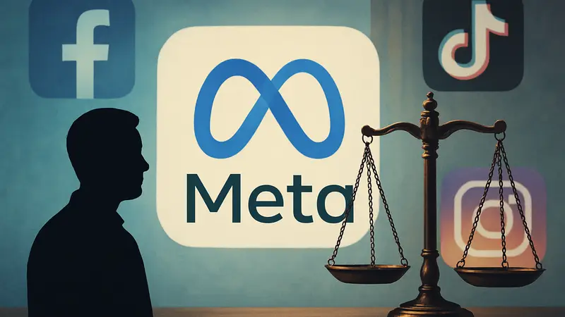 Логотип Meta на фоне изображений социальных сетей и весов правосудия