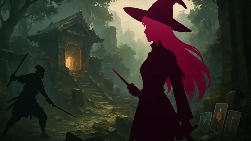 Кадр из игры Witch the Showdown с вайфу-персонажем, гибрид Slay the Spire и Sekiro