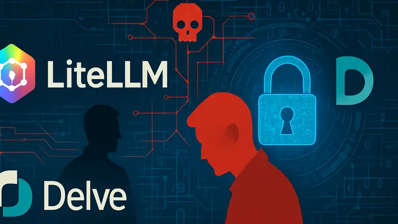 Логотип LiteLLM и Delve на фоне концепции кибербезопасности и данных.
